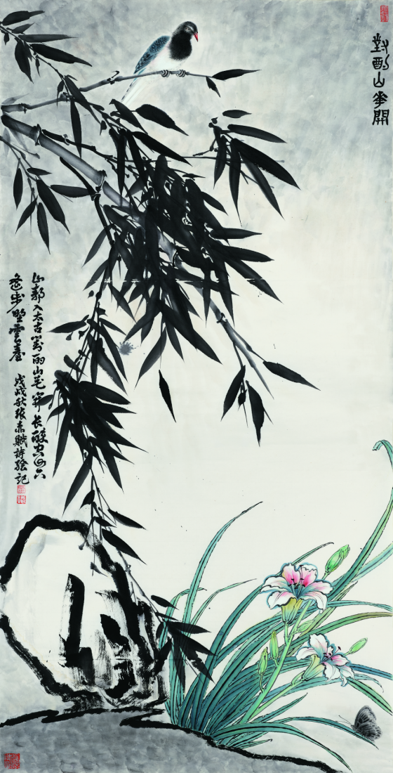 1、张赤 《对酌山花开》138cmx69cm,纸本水墨设色，2018年.png